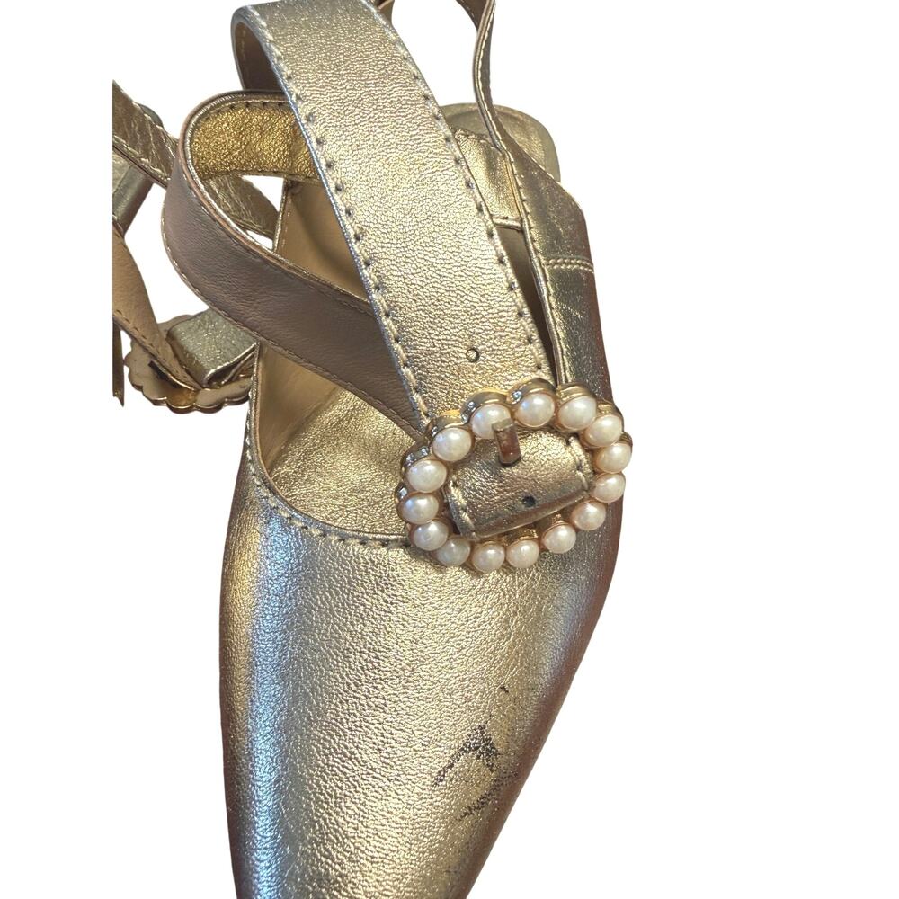 Free People Gold Metallic Pointed Toe Flats Pearl Buckle Strap Size 7 - Picture 7 of 10